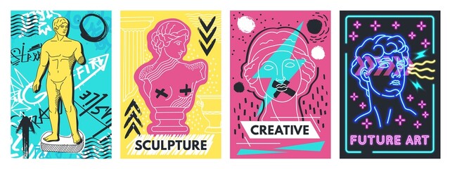 Abstract acid psychedelic poster with greek sculpture and graffiti. Creative neon prints with ancient statue. Crazy street design vector set