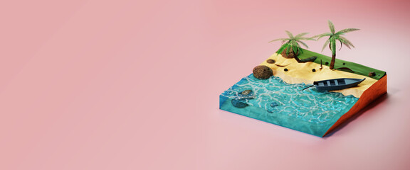 island with boat, rocks, palm trees. Traveling beach holiday. 3d rendering illustration