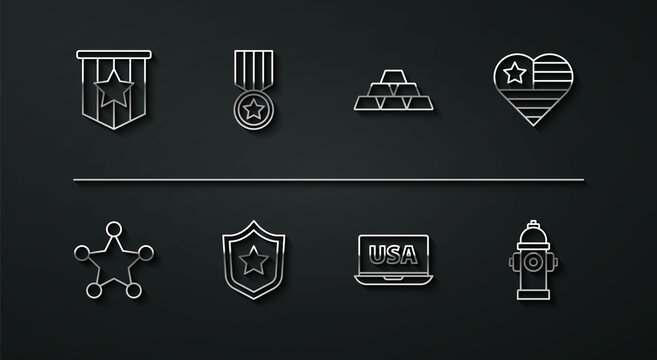 Set line American flag, Hexagram sheriff, USA Independence day, on laptop, Police badge, Medal with star, Fire hydrant and Gold bars icon. Vector