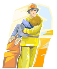 Fireman with uniform saving child from fire.
Vector detailed illustration.