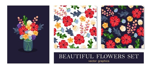 Cute bouquet of flowers in a vase. Bright simple graphics in a cartoon style. Floral set of bouquet and seamless patterns. Vector template