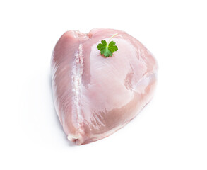 Raw chicken breast with parsley leaves isolated on white