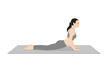 Cobra Pose Elbows Bent. Beautiful girl practice Bhujangasana Elbows Bent. Young attractive woman practicing yoga exercise. working out, black wearing sportswear, grey pants and top, indoor full length - obrazy, fototapety, plakaty