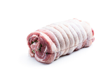 Raw meat roll stuffed with onion and parsley isolated on white
