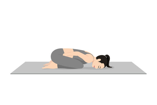 Frog Pose Iii Head Floor. Beautiful girl practice Mandukasana Sirsa Floor. Young attractive woman practicing yoga exercise. working out, black wearing sportswear, grey pants and top, indoor full