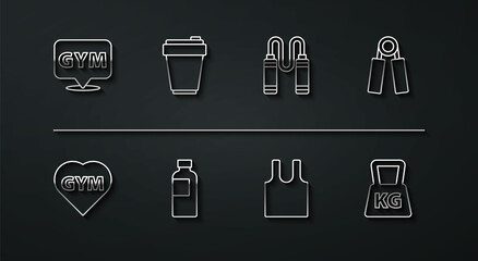 Set line Location gym, Fitness heart, Sport expander, Sleeveless T-shirt, shaker, Weight and Jump rope icon. Vector