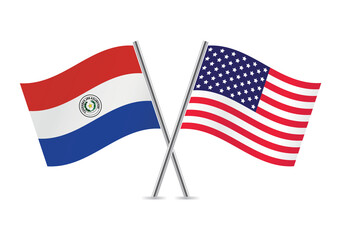 Paraguay and America crossed flags. Paraguayan and American flags, isolated on white background. Vector icon set. Vector illustration. - obrazy, fototapety, plakaty