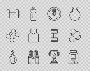 Set line Punching bag, Sports nutrition, Weight plate, Jump rope, Dumbbell, Sleeveless T-shirt, Award cup and icon. Vector
