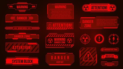 Futuristic HUD danger zone and alert caution screens. Warning and attention red hologram frames and signs. Cyber interface alarm vector set - obrazy, fototapety, plakaty