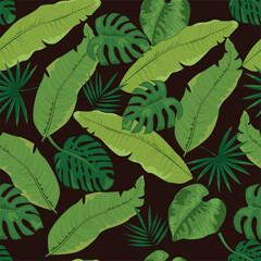 green tropical leaves seamless pattern on black background