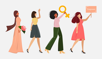Feminism and equality gender concept illustration. Group of happy diverse women. Four women of different nationalities walking together and showing their empowerment.