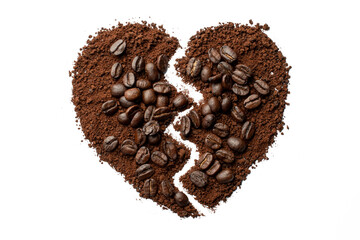 Coffee beans in a broken heart shape creative concept on white background