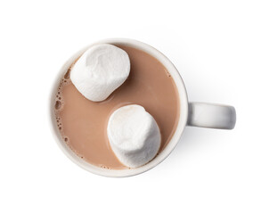 Top view of cocoa drink with marshmallow isolated on white