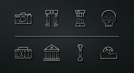 Set line Photo camera, Exit sign, Human skull, broken bone, Museum building, Metal detector, and Broken ancient column icon. Vector