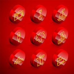 Set line Photo camera, Shovel toy, Toy boat, Marker pen, Puzzle pieces, ABC blocks, building bricks and puppet doll on hand icon. Vector