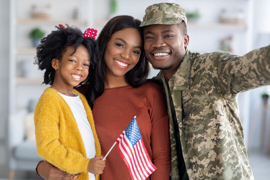 Happy Black Military Man Taking Selfie With Wife And Little Daughter