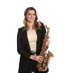 Fototapeta premium Beautiful young woman in elegant suit with saxophone on white background