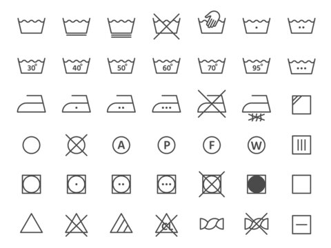 Laundry label instruction line icons for clothes fabric. Hand washing, drying, temperature and ironing. Textile cleaning symbol vector set