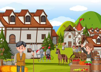 Obraz na płótnie Canvas Ancient medieval village scene with villagers