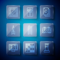 Set line Sport mechanical scoreboard, Board game of checkers, Chess, Playing cards, Mahjong pieces, Dart arrow, and Time chess clock icon. Vector