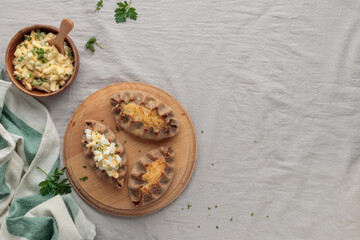 Traditional Finnish pastry - Karelian rye pie with rice porridge