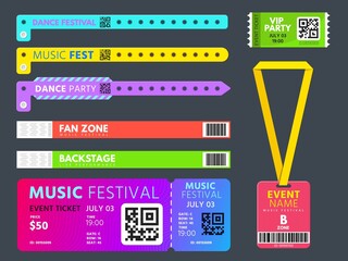 Event tickets, entrance bracelets and badge for access control. Music festival, show, concert or vip party wristband pass designs vector set - obrazy, fototapety, plakaty