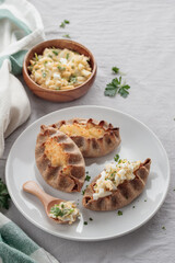 Traditional Finnish pastry - Karelian rye pie with rice porridge