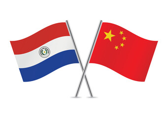 Paraguay and China crossed flags. Paraguayan and Chinese flags, isolated on white background. Vector icon set. Vector illustration.