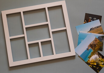 Frame white for photos. Collection of photos in one frame.