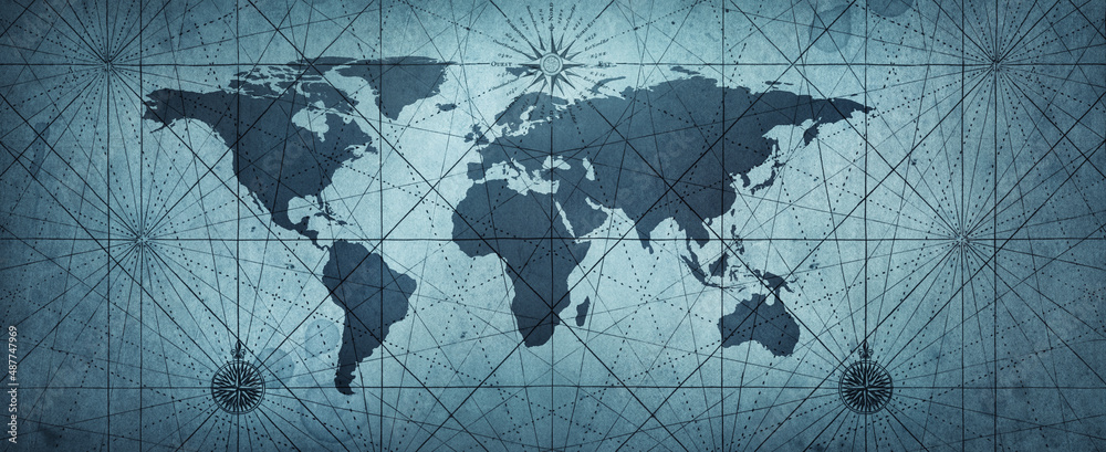 Poster old map of the world on a old parchment background. vintage style. tinting in blue color. elements o