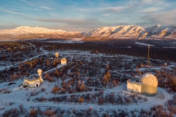 Aerial view of the buildings of the Solar Observatory in the Eastern Sayan Mountains