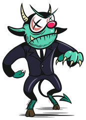 Cartoon style devil character, business person in a suit, isolated on white background.
