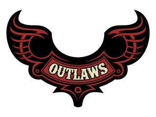 Vector emblem, patch with tribal ornaments and text outlaw. Vector biker logo design concept.