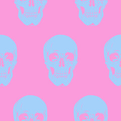 Blue skulls on pink background. Vector seamless pattern