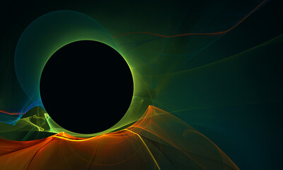 Fictional black hole, burrow or eclipse with haze of chaotic greenish flames blazing around in deep dark space. Galactic cosmic concept. Artistic 3d poster. Great as cover print for electronics. - 487748360
