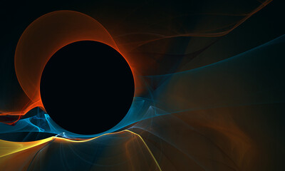Fantastic black hole, burrow or eclipse with hazy orange blue golden flames blazing around in deep dark space. Galactic cosmic concept. Artistic 3d poster. Great as cover print for electronics. - 487748368