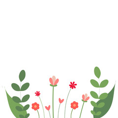 Spring background with color flowers and leaves. Template for banner, poster, card, invitation. Flat vector illustration