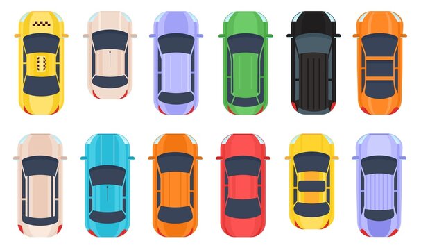 Flat vehicle, auto transport, cars top view. Cartoon taxi, jeep and mini van from above. Modern automobile car. City road traffic vector set