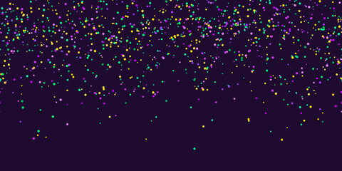 Seamless horizontal pattern beautiful geometric yellow, green, purple confetti on black background. Venetian carnival Mardi Gras party. Great for horizontal posters, header for website. Vector © tamaraluiza