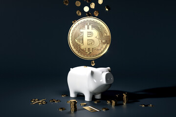 Bitcoin coins with piggy bank, crypto market, financial exchange, cryptocurrency growth 3d rendering