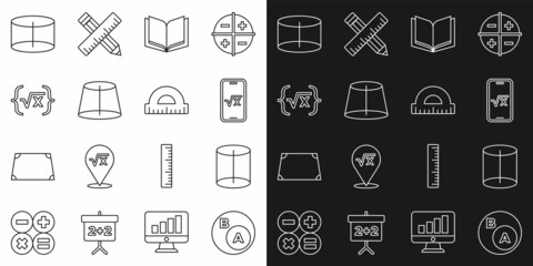 Set line Subsets, math, a is subset of b, Geometric figure, Square root x glyph, Open book, Cylinder and Protractor icon. Vector