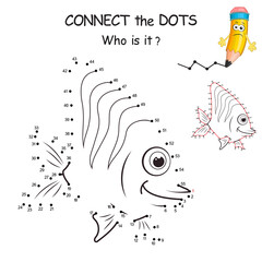 Connect the dots by numbers to draw the animal. Dot to dot Education Game and Coloring Page with cartoon cute ocean fish character. Logic Game for Kids. Education card for kid learning counting number