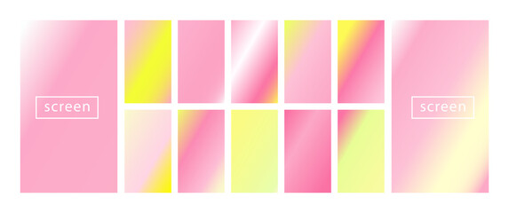 Mobile screen lock display collection of colorful backgrounds in trendy neon colors. Modern screen vector design for mobile app. Soft color abstract pastel holographic gradients. Swatches for design