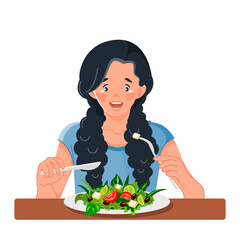 A woman is sitting at a table and eating a salad of fresh vegetables. Vegetarian concept with a healthy diet. Fresh natural food. Vector illustration in cartoon style