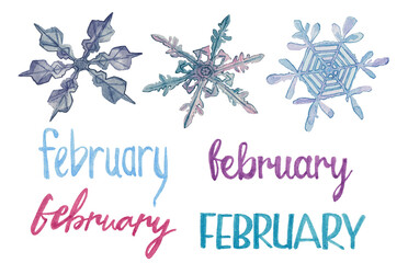 Winter objects in watercolor technique are isolated on a white background.Isolated snowflakes. February typographies are written with a brush.Hand drawing and cold color harmony- winter illustrations.
