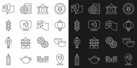 Set line China flag, Chinese tea ceremony, paper lantern, house, and icon. Vector