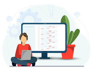 Young happy man working with laptop, freelance work concept, work at home concept, flat vector illustration