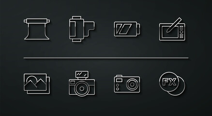 Set line Empty photo studio, Photo frame, Graphic tablet, camera, with flash, Camera roll cartridge, fx and Battery for icon. Vector
