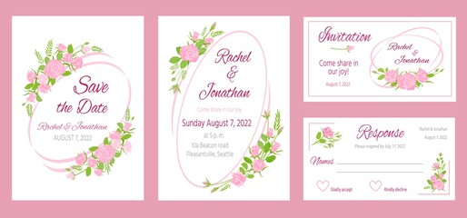 Vintage wedding invitation cards with frames and roses bouquets decor. Floral greeting design with rose flowers and leaves wreath vector set