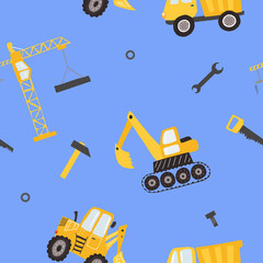 Boys seamless pattern with trucks,  bulldozer, excavatow, crane and other building equipment. Bright ornament for kids designs, wrapping paper, prints, fabric and other surface designs